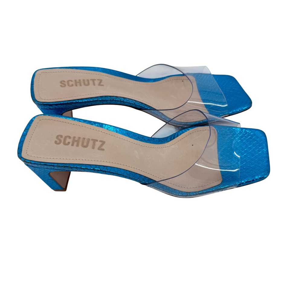 Schutz Ariella Slide Sandals‎ Women 6B Blue Metallic Snakeskin Clear Block Heel